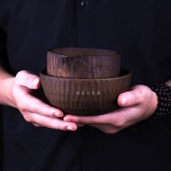 創意復古錘紋木質飯碗手工切片奶酪杯碗圓形餐廳平底木質沙拉套裝