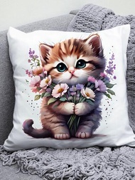 1入組家居無填充物絨布靠墊套、可愛貓咪和花卉圖案裝飾抱枕套