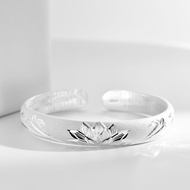 S925足银荷花心经手镯荷花手镯车花手镯时尚磨砂开口镯子饰品手镯S925 foot silver lotus heart sutra bracelet lotus hand20251228