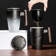 德玉堂創意黑陶馬克杯茶水分離木柄復古過濾陶瓷蓋個人泡茶杯