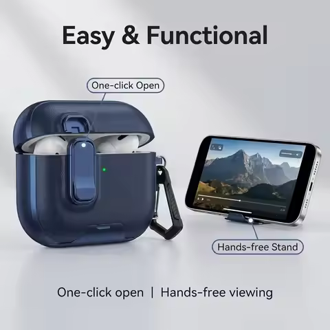 New for AirPod 4 Case with Built-in Phone Stand Shockproof Leather Texture Headphone Cover with Keyc