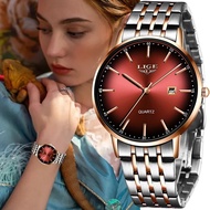 LIGE ใหม่นาฬิกาผู้หญิงกันน้ำ สร้อยข้อมือผู้หญิงสายเหล็กโรสโกลด์วันที่อัตโนมัตินาฬิกาข้อมือ+ กล่องฟรี