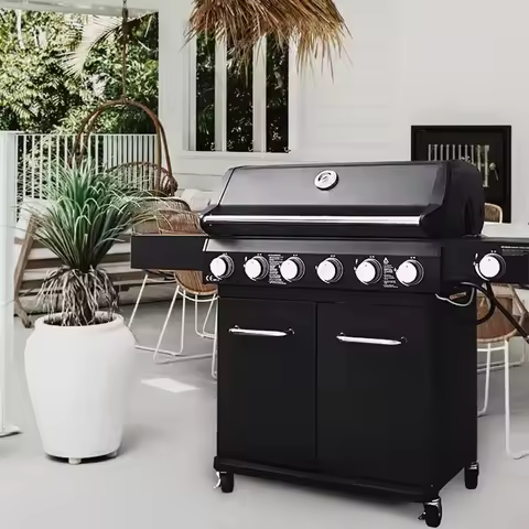 Trolley BBQ Stove Outdoor Propane Gas BBQ Grill Commercial Gas Barbecue Restaurant Smokeless 6 burne