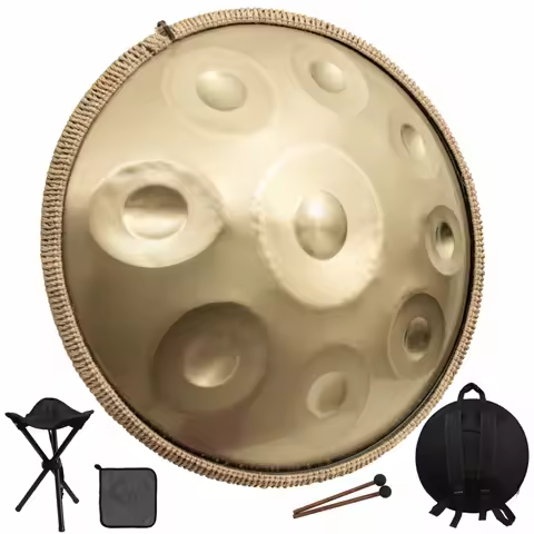 9-Tone 22-inch Handpan Drum, D Minor 440 HZ, Carbon Steel, Golden, with Soft Bag, Harmonic Percussio