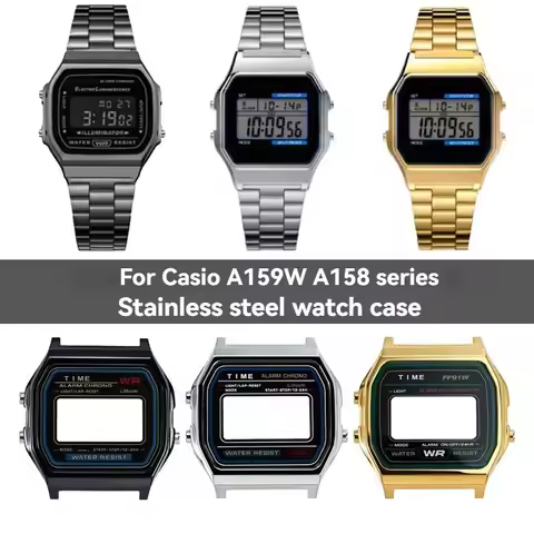 Metal Watch Case Mod Kit for Casio A158 A159 A168 AW158 A158WA A159W-N1 Stainless Steel Case and Str