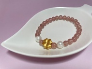 四葉草 天然淡水珍珠 草莓晶 純銀 彈力 手鏈