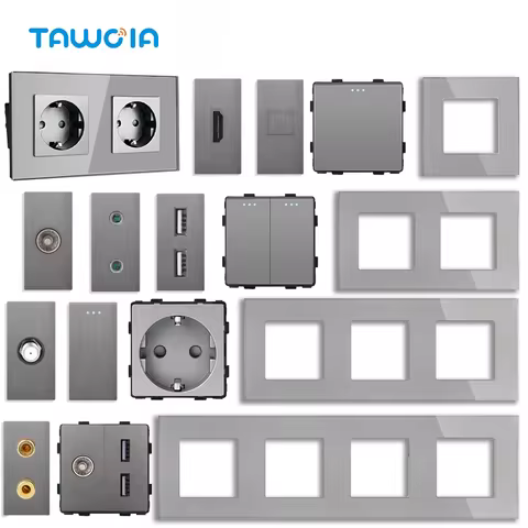 TAWOIA EU Grey Glass Frame TV SAT CAT5/6 RJ45 HDMI Type-C USB Wall Socket Parts 1/2/3Gang Light Butt