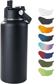 Kerilyn 32oz Stainless Steel Insulated Water Bottle, Double Wall Vacuum, Leak Proof with Silicone Straw, Wide Mouth, BPA Free, Copper Lined, Keep Cold 24h Hot 12h, Black