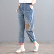 【Last one inventory Big Sale】 Jeans for Women In Spring and Autumn New Korean Cartoon Embroidery Patch Cloth Western Nine Cent Harun Pants