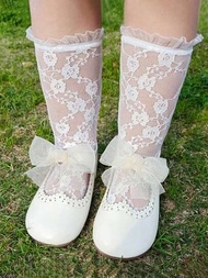 復古款兒童透氣花朵蕾絲襪,公主女孩中空網紗襪,夏季腳踝襪
