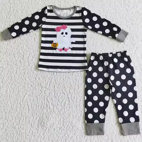 Wholesale Children Clothing Sleepwear Boutique Baby Girl Pajamas Set Halloween Embroidery Kids Sibli