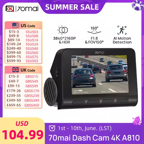 70mai Global New Cam A810 Ultra HD 4K AI Motion Detection Car DVR Support Rear or Parking Montioring