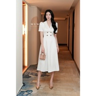 Noble Duchess White Silk Dress MY WAY Office Vest Elegant Long Buttoned Dress 6MD21322w