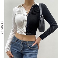 Yedinas Vintage Color Contrast Patchwork T Shirt Women Long Sleeve Sexy Slim Crop Top Turn-down Neck Streetwear Knit Polo Shirt