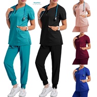 NiaaHinn Fashion Elastic Wrinkle Resistant Breathable Baju Scrub Suit Medical for Woman plus size Doctor Nurse Uniform【Short Sleeves V-neck Top+ Jogging Pants】