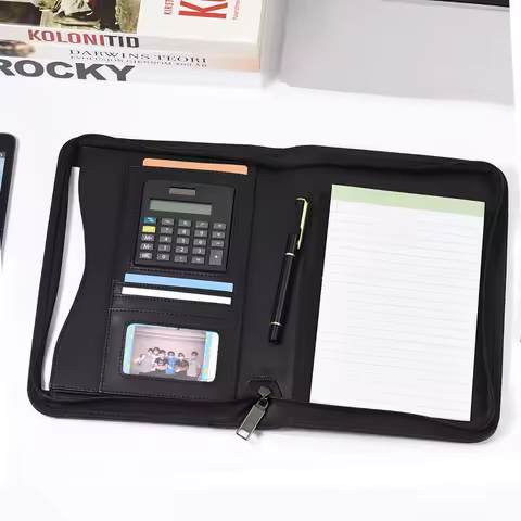 A5 PU Leather Folder Business Padfolio Folder Document Case Zippered Closure with Calculator Card Ho