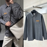 ND7F B-vv New style diamond-pattern leather lapel half-zip PoLo Long Sleeve Unisex Trendy Collar