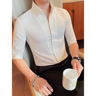 2026 New Style Stand-Up Collar Mid-Sleeve Shirt Men Summer Casual Handsome Solid Color Slim-Fit Hand