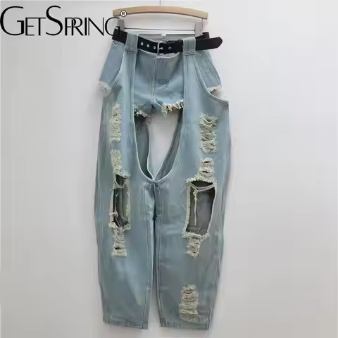 gestring Women Jeans 2024 Autumn Hole Belt Low Waist Denim Denim Pants Fashion All Match Loose Casua