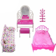 8 Items / Lot = 1x Cloth Sofa + 1x Dressing Table + 1x Bed + 5x Hanger Clothes for Barbie Doll Furni