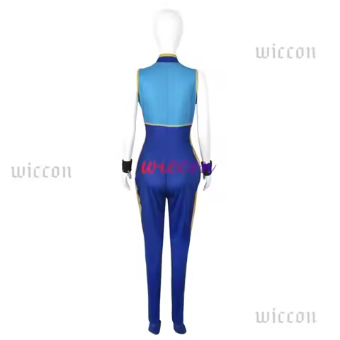 x;3,c'5\b/Anime Chun Li Cosplay Costume Game SF Role Play Chunli Blue Jumpsuit Outfit Wig Women Full