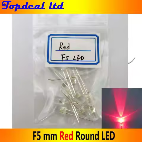 100pcs F5mm led Red color 620-630nm DIP 2pin Round LED Light 1.9-2.1V DC 5000-6000mcd