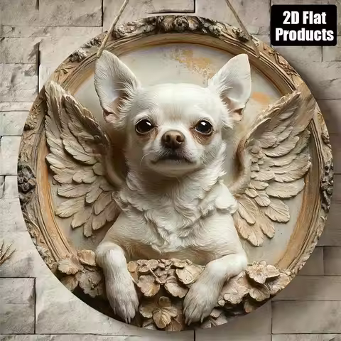 2D Flat, 2D Flat- 2D Flat, 1pc, Round Wooden Decorative Painting Sign, Chihuahua Theme, Suitable for