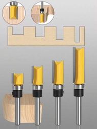 4入組專業花紋齊平修邊銑刀頭套裝，1/4英寸柄，4個1/2英寸切割直徑硬質合金鑽頭花紋齊平修邊鑽頭套裝，修邊雕刻機直切刀鑽頭附頂部軸承防止撕裂木材，木工槽型直刀軸承直刀套裝仿形銑刀工具