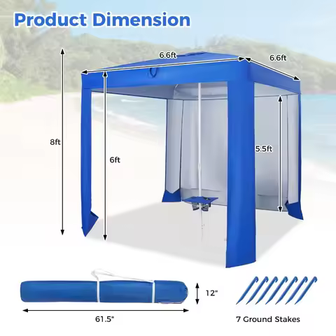 UPF 50+ Beach Tent 6.6ft x 6.6ft Beach Cabana w/ Folding Table, 5 Sandbags