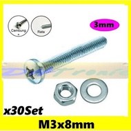X30 Bolt Nut Set Ring M3 x 8mm JP3 3x8 3x8mm 3 x 8mm Bolt Set Diameter 3mm Length 8mm M3 contents 30
