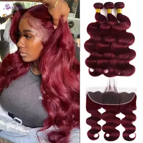 Burgundy Body Wave Bundles with Frontal 99j Wine Red Color 100% Human Hair Virgin Remy 3 Bundles and