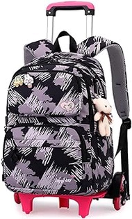 Rolling Backpack for Girls Elementary School Students with Wheels Bookbags Kids trolley Travel Bag, Black Graffiti 6 Wheels