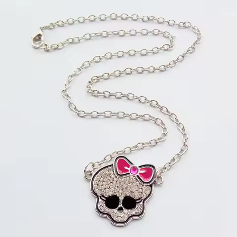 Sweet Cool Spicy Girl Style Monster High Pendant Bone NecklacePersonality Bow Tie Rhinestone Skull N