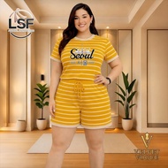 "Plus Size Cotton Spandex Terno Shirt Short with Pockets" Batwing Sleeve Stripes SetWomen's Clothing