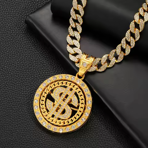 Hip-hop creative rotating dollar pendant jewelry, street rap rock style dollar necklace accessory