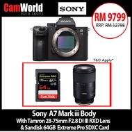 Sony A7 Mark iii Body  With Tamron 28-75mm F2.8 DI III RXD Lens   Sandisk 64GB  Extreme Pro SDXC Car