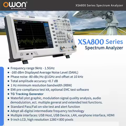 OWON XSA815TG Osciloscopio Digital Spectrum Analyzer LCD 1280x800 1Hz Resolution Bandwidth 9kHz to1.