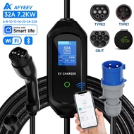 AFYEEV 32A 7.2KW Type2 Type1EV Charger Portable GB/T Electric Vehicle Charger EVSE Charging Cable Wi