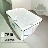 Plastic bin with lid, capacity 75l, rectangular bin with wheels, virgin plastic bin