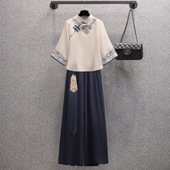[Plus Size] (40-150kg)300斤大码古风套装胖mm300斤大码旗袍汉服绣花上衣+阔腿裤套装潮bigsize Oversize Large