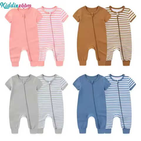 2PCS Newborn Baby Girl Clothes 0-24Months Cotton Rompers Striped 2-Way Zipper Baby Boy Clothes Solid