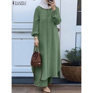 ZANZEA Autumn Muslim Sets Turkey Dubai Abaya Women Long Sleeve Shirt Set Causal Pants Suits Abayas F