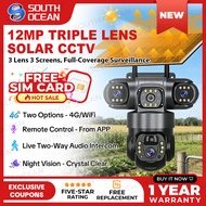 【Free 4G SIM Card】South Ocean 3 Lens Solar CCTV Camera 12MP Outdoor IP66 Waterproof Wireless Camera 