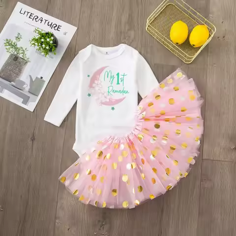 My First Ramadan Girl Baby Dress Baby Romper +Tulle Tutu Skirt Long Sleeve Tutu Dress Set My 1st Ram