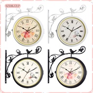 [szxmkj2lp] Iron Double Faced Retro Wall Hanging Clock Garden Decor, Pointer and Roman Number Dial