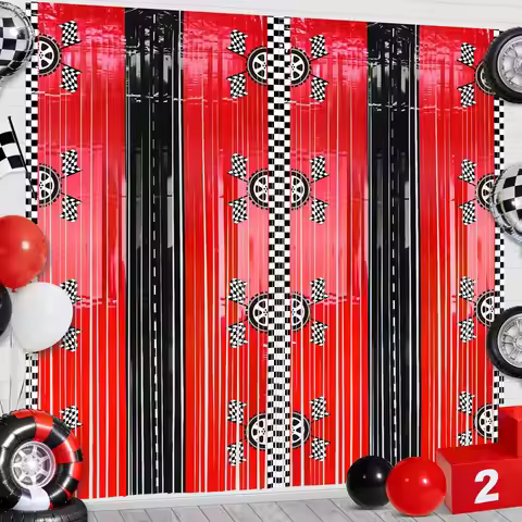 2PCS Race Car Foil Fringe Backdrop Curtains Birthday Party Decorations for Fast Wheels Happy Dude Bi