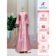 Mother's ao dai, traditional high neck embroidered ruby bird and flower silk ao dai, size S - 4XL