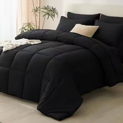 Queen Comforter Set Black - 7 Pieces All Season Soft Bedding, Oeko-Tex Certified with Down Alternati