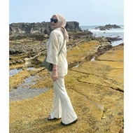 Higos Celana Cutbray Knit Wanita Highwaist Jumbo / Celana Panjang Flare Pants Rib Premium Motif Salu