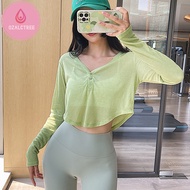 OzalCtree Summer Button Sport Tops Women V Neck Fitness Gym Long Sleeve Thin Yoga Crop Top Female Lo